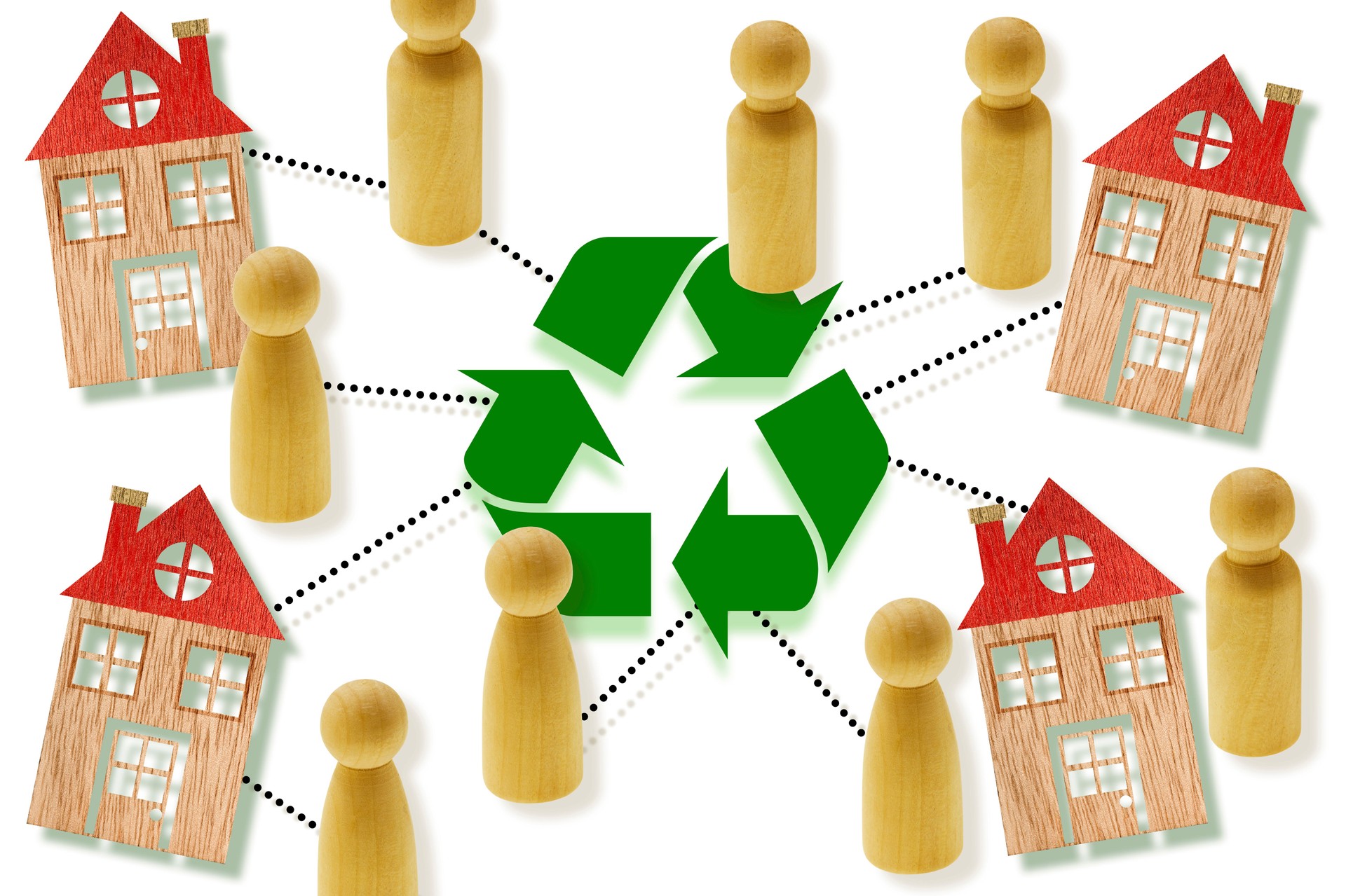 ECO-FRIENDLY NEIGHBORHOOD CONCEPT WITH WOODEN HOUSES AND PEOPLE CONNECTED by recycling, sustainability, green living, community cooperation, environmental values, residential 
network, conscious lifestyle