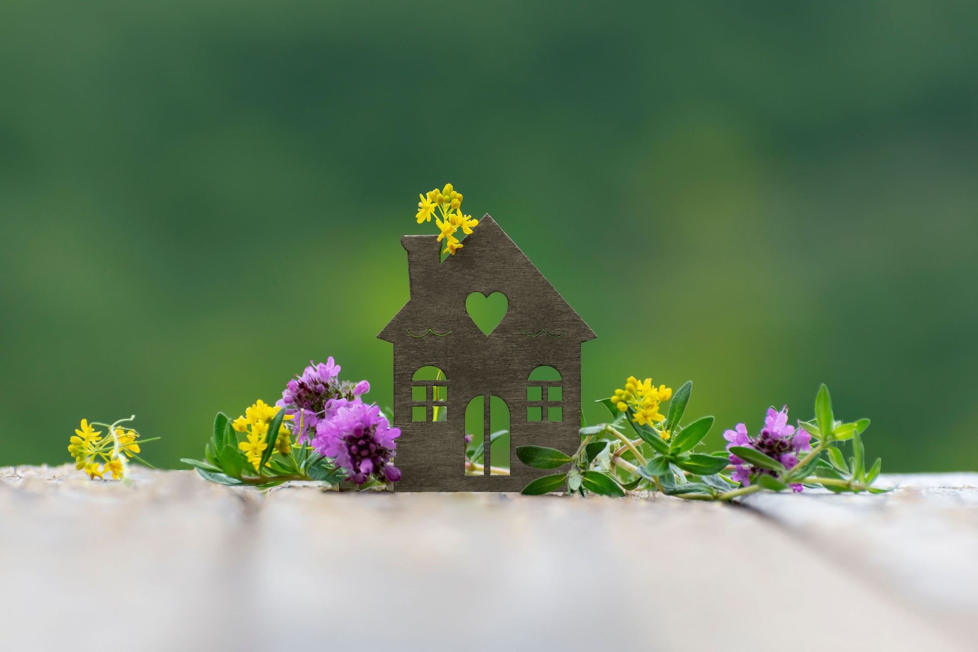 Wooden miniature house with wild flowers on blurred background of green nature. Eco-friendly home, gardening, real estate in ecologically pure area concept. Shallow depth of field with focus on house
